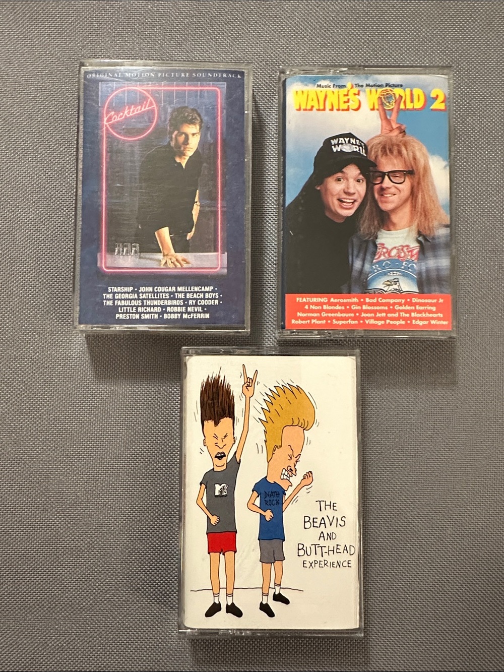 Vintage cassette tape soundtracks: Wayne’s World, Beavis and Butthead, Cocktail